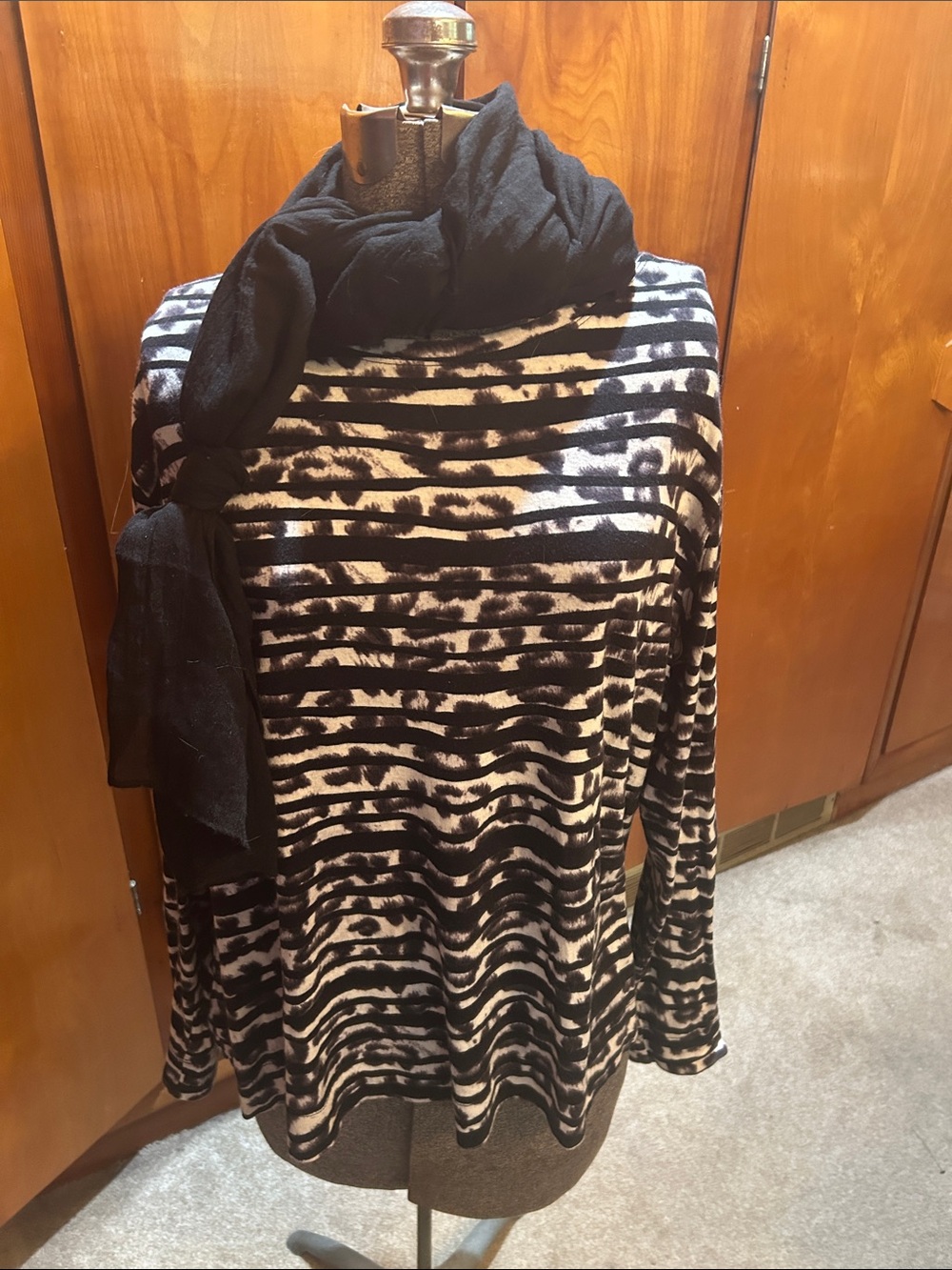 Westport Black and Cream Striped Animal-Print Top with Scarf